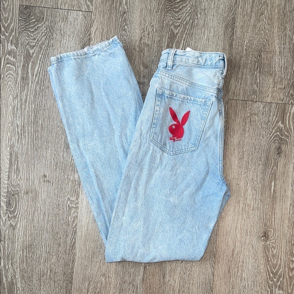 PLAYBOY pacsun jeans light wash Denim with Red Bunny Logo straight leg